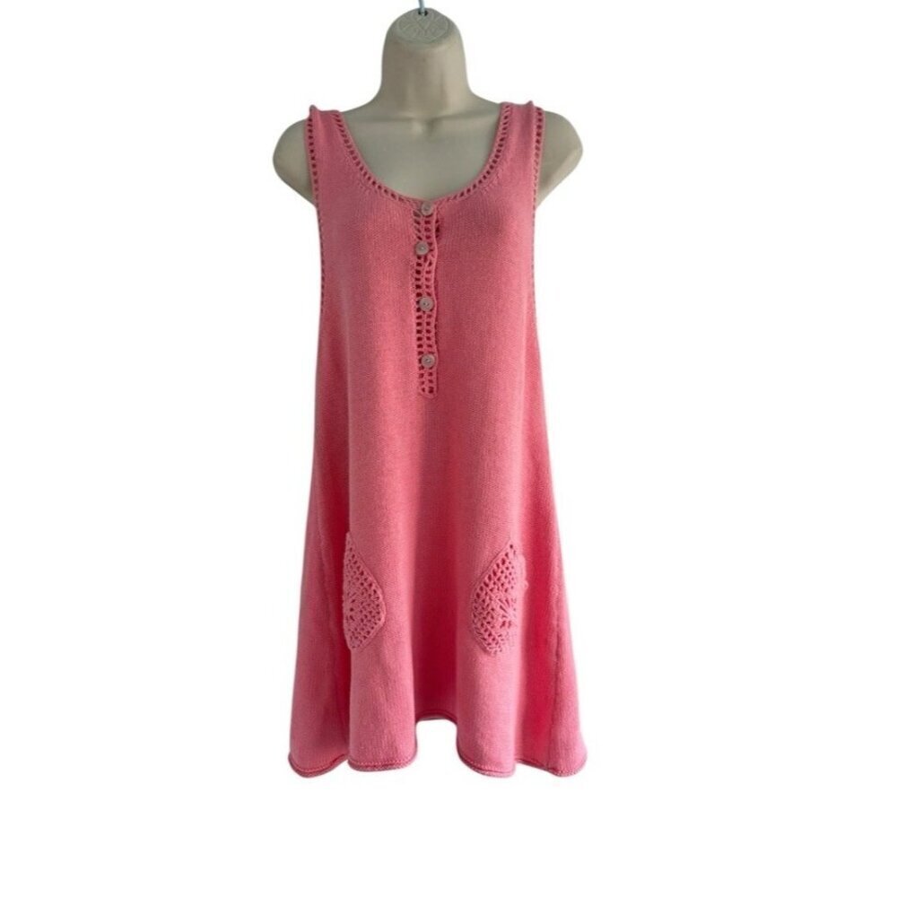 Free People Women's Sz S Pink Coral (Melon) Knit Crochet Pockets Mini Dress
